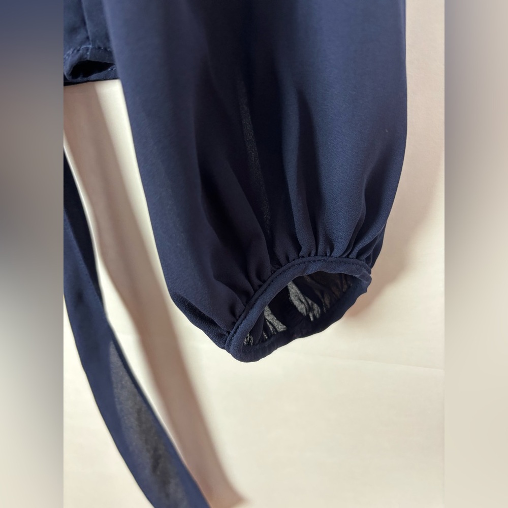 Krisa Top Size Small Navy Blue Chiffon Layered Tie Front Long Sleeve V Neck - Picture 4 of 7